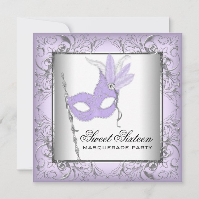 Invitación Fiesta de Máscaras Sweet 16 Morado Plateado (Anverso)