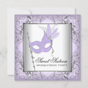 Invitación Fiesta de Máscaras Sweet 16 Morado Plateado