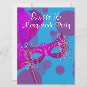 Invitación Fiesta de Máscaras Sweet 16 Rosa Caliente Azul Tea