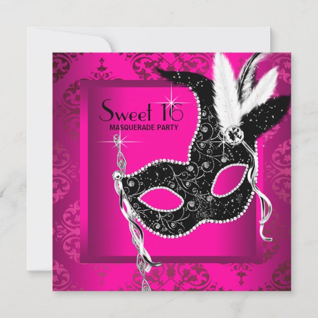 Invitación Fiesta de Máscaras Sweet 16 Rosa Caliente Negro (Anverso)
