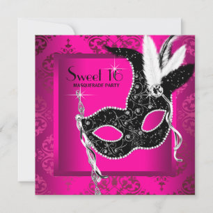 Invitación Fiesta de Máscaras Sweet 16 Rosa Caliente Negro