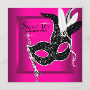 Invitación Fiesta de Máscaras Sweet 16 Rosa Caliente Negro