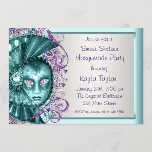 Invitación Fiesta de Máscaras Sweet Sixteen Azul Turquesa Mor