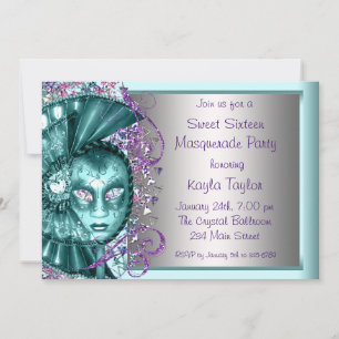 Invitación Fiesta de Máscaras Sweet Sixteen Azul Turquesa Mor