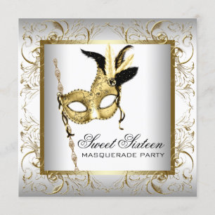 Invitación Fiesta de Máscaras Sweet Sixteen de Oro Negro Blan