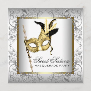 Invitación Fiesta de Máscaras Sweet Sixteen de Oro Negro Blan