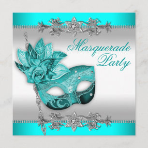 Invitación Fiesta de Máscaras Turquesa Plateado Azul