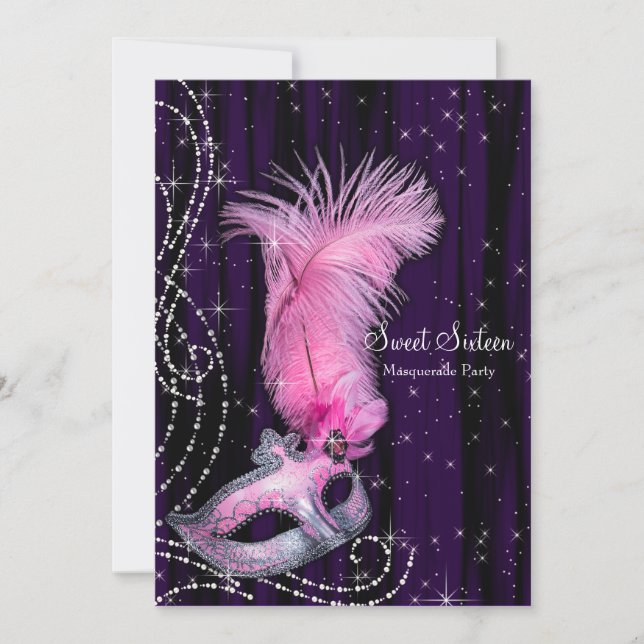 Invitación Fiesta de Masquerade 16 Black Purple Pink Sweet (Anverso)