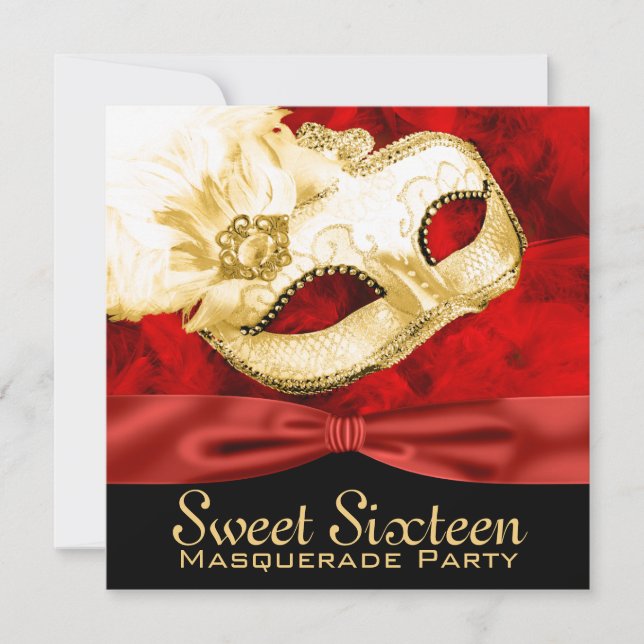 Invitación Fiesta de Masquerade 16 de piel de oro rojo (Anverso)