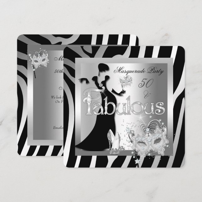 Invitación Fiesta de Masquerade Fabulous 50 Zebra Silver Blac (Anverso / Reverso)