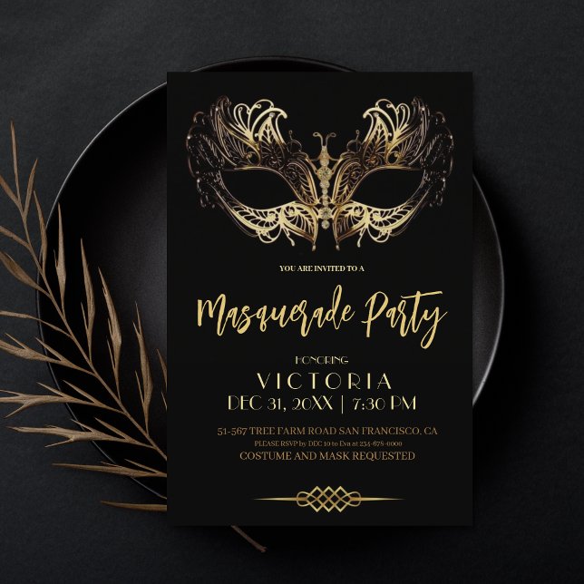 Invitación Fiesta de Masquerade Lujo Dorado Negro Cumpleaños (Subido por el creador)