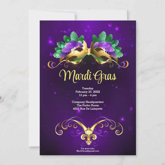 Invitación Fiesta de Masquerade Mardi Gras (Anverso)