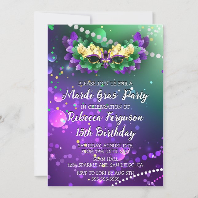 Invitación Fiesta de Masquerade Mardi Gras (Anverso)