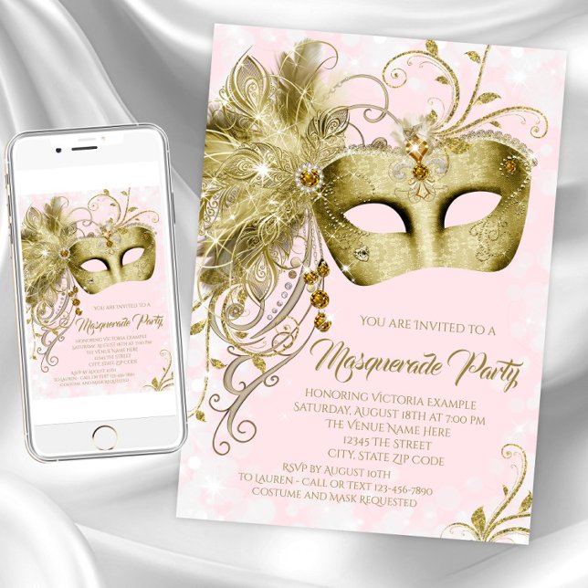 Invitación Fiesta de Masquerade Purpurina de oro rosa (Pink gold masquerade party invitation. Instant download and printed invitations available. )