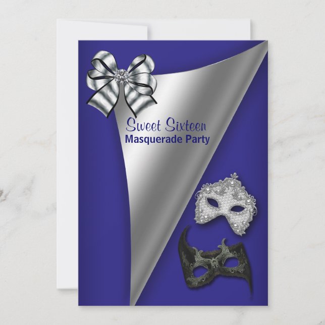 Invitación Fiesta de Masquerade Royal Blue Silver Sweet (Anverso)