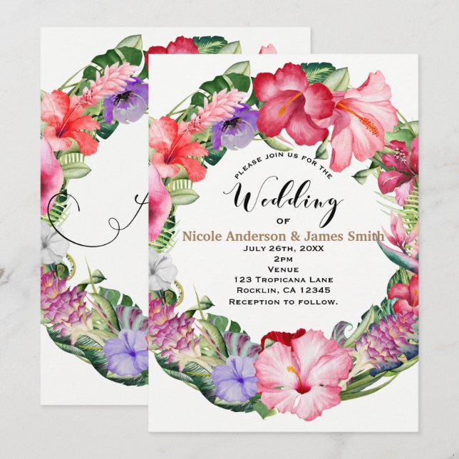 Invitación Fiesta de matrimonio Aloha Tropical Floral Wreath  (Anverso / Reverso)
