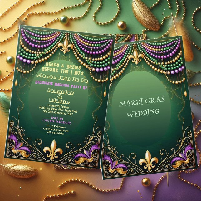 Invitación Fiesta de matrimonio de la flor de la abeja y la c (Bead & Brews Fleur De Lis Mardi Gras Wedding Party Invitation)