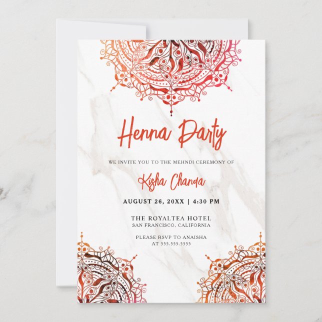 Invitación Fiesta de Mehndi Henna Mandala Roja Mármol (Anverso)
