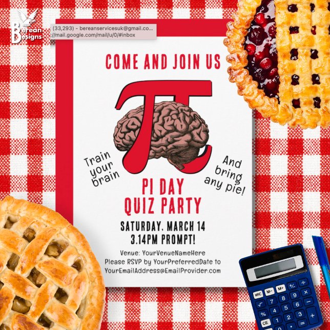 Invitación FIESTA de memoria de PI DAY (Fun PI DAY QUIZ PARTY Invitation to celebrate March 14. Ideal for math quizzes and pie lovers too.)