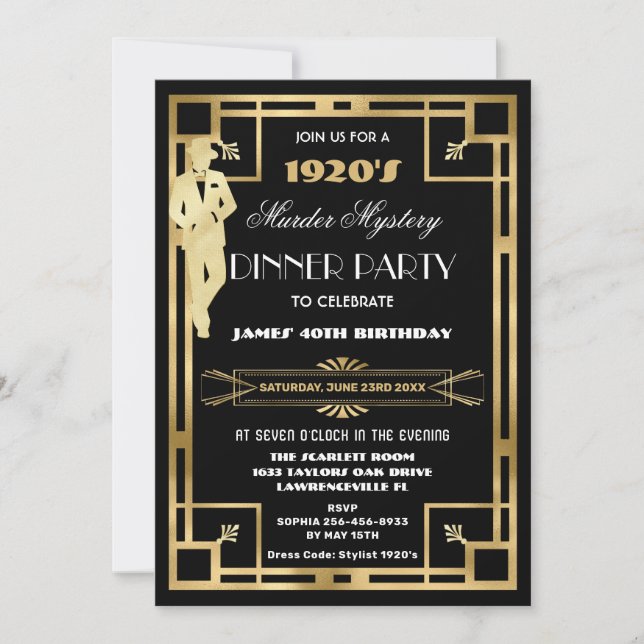 Invitación Fiesta de Misterio y Asesinato Art Déco Gatsby Año (Anverso)