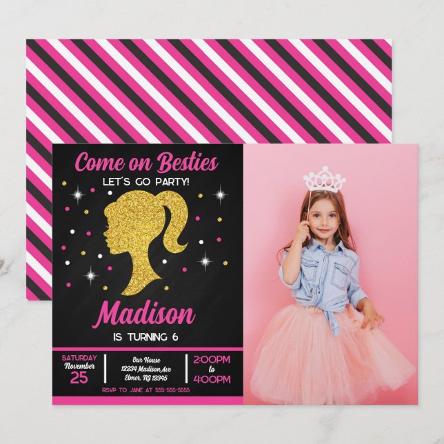 Invitación Fiesta de moda de muñecas rosadas Foto Cumpleaños (Anverso / Reverso)