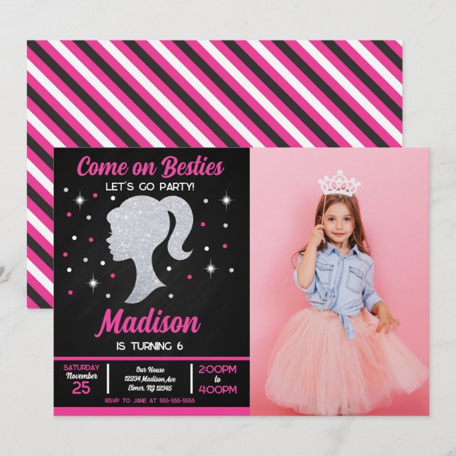 Invitación Fiesta de moda de muñecas rosadas, foto de cumplea (Anverso / Reverso)