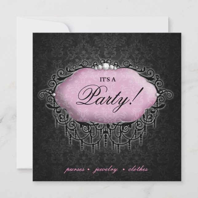 Invitación Fiesta de moda elegante Damask gris rosa (Anverso)