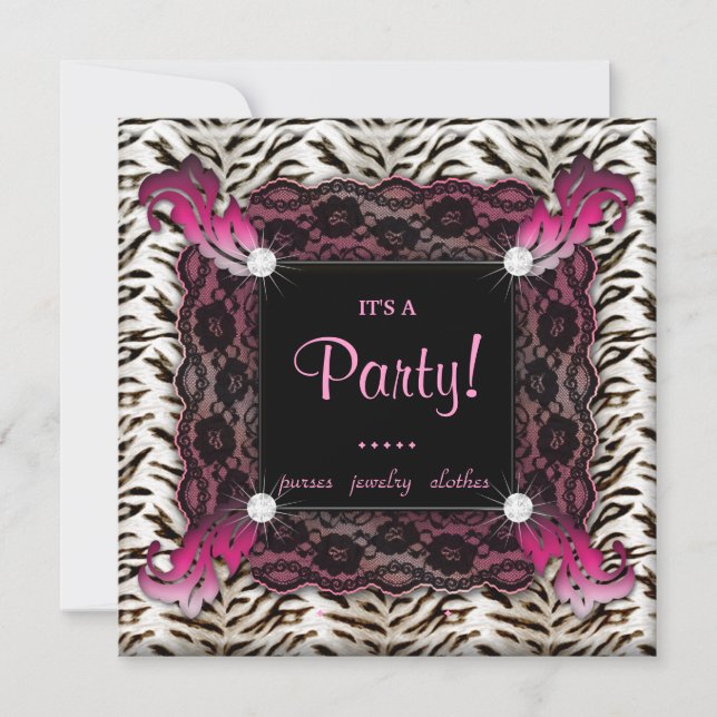 Invitación Fiesta de moda Zebra Lace invita a plaza rosa (Anverso)