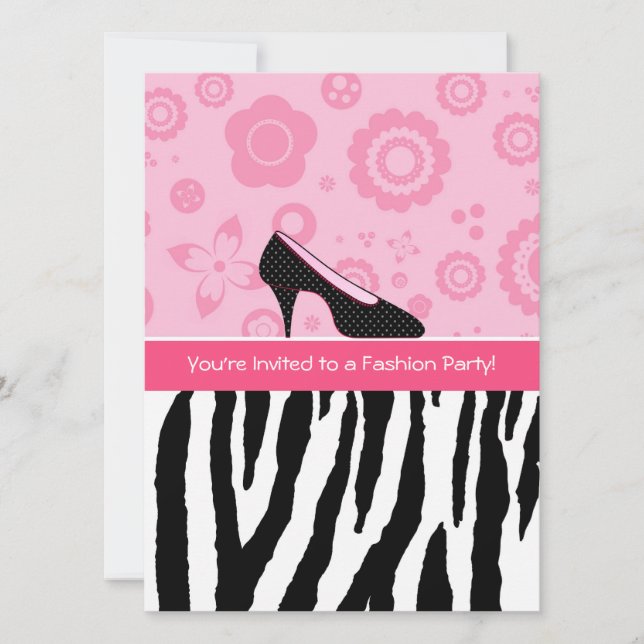 Invitación Fiesta de moda Zebra Zebra Girly zapatillas rosada (Anverso)