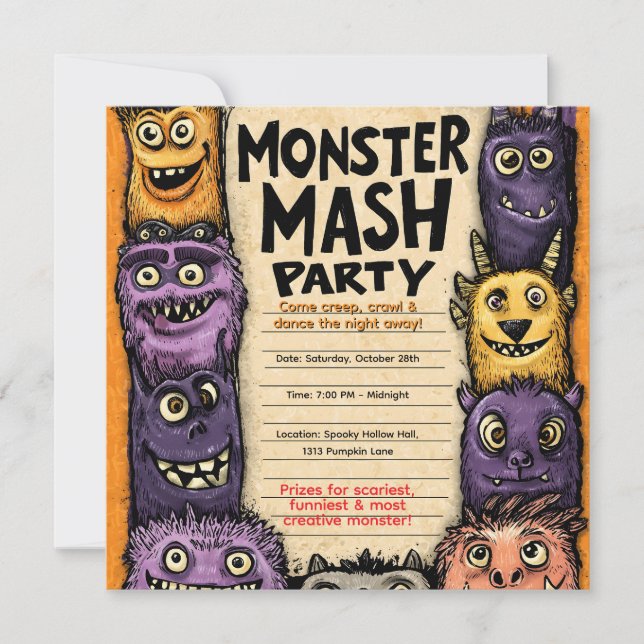Invitación "Fiesta de Monster Mash" con Monstruos Adorables (Anverso)