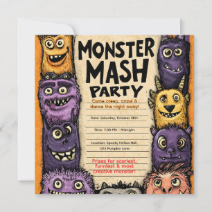 Invitación "Fiesta de Monster Mash" con Monstruos Adorables
