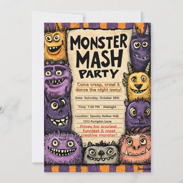 Invitación "Fiesta de Monster Mash" con Monstruos Lindos (Anverso)