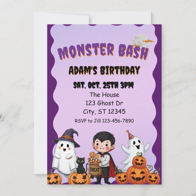 Invitación Fiesta de monstruos, cumpleaños de Halloween (Anverso)