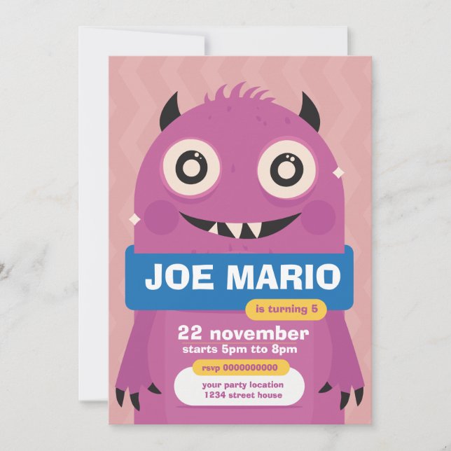 Invitación Fiesta de Monstruos Divertidos y Monstruos Lindos  (Anverso)