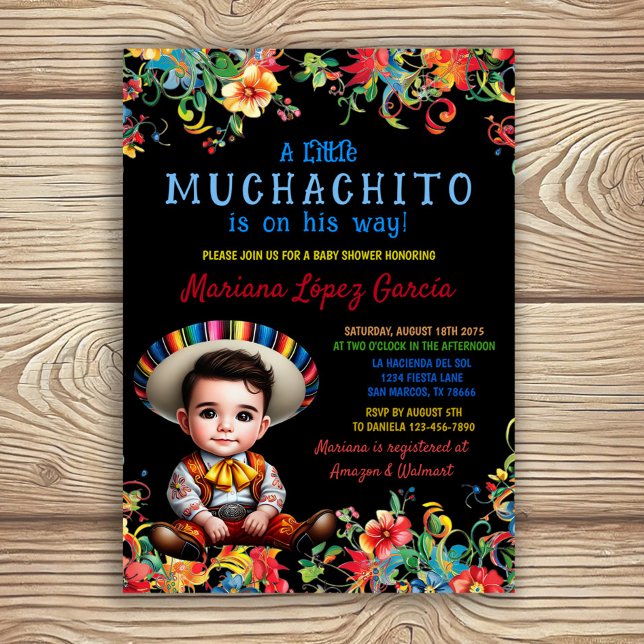 Invitación Fiesta de Muchachito Charro para Baby Shower (Adorable boy fiesta baby shower invitation with colorful flowers and charming baby boy.)