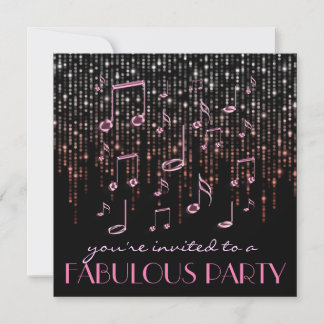 Invitación fiesta de música con notas rosadas