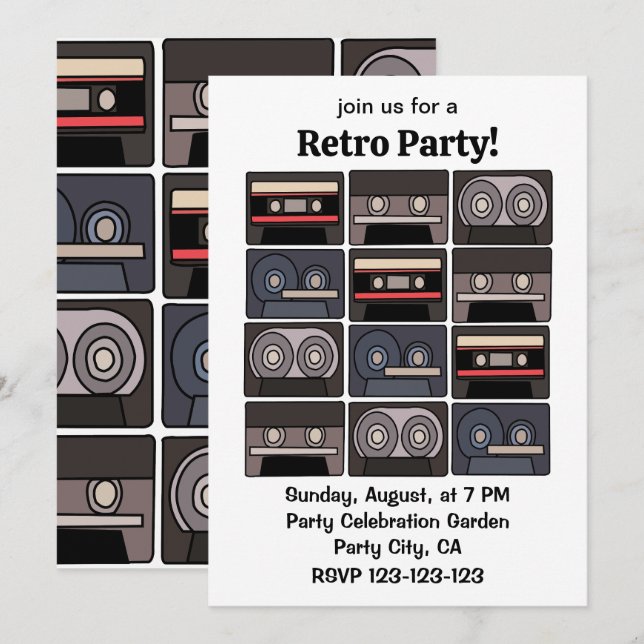 Invitación Fiesta de música retro de cinta de cassette (Anverso / Reverso)