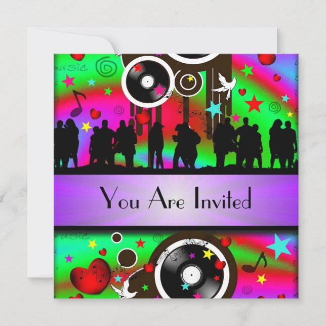 Invitación Fiesta de música retro divertida y colorida (Anverso)