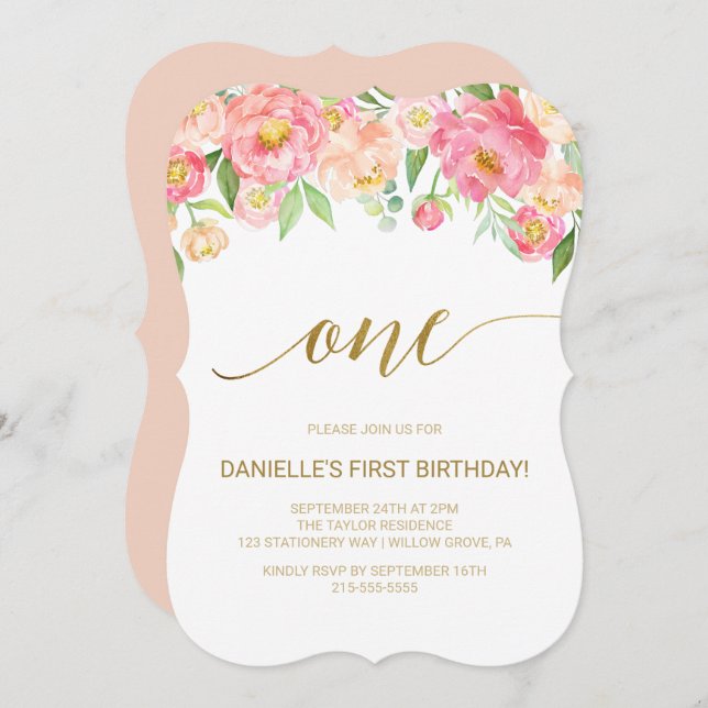 Invitación Fiesta de Nacimiento de las Flores de Peach and Pi (Anverso / Reverso)