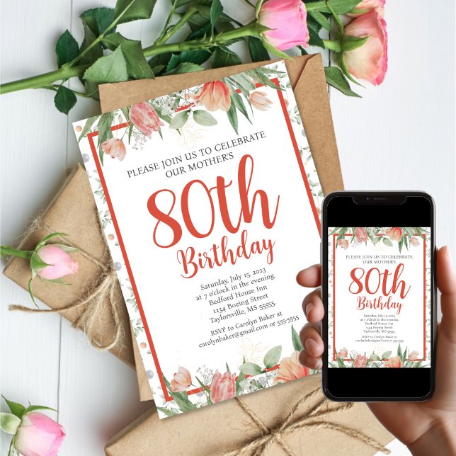 Invitación Fiesta de Nacimiento Floral Feminina (Feminine Watercolor Floral 80th Birthday Party Invitation
)