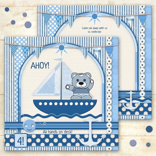 Invitación Fiesta de Nacimientos Náuticos Scrapbook Sailboat (A cute sailboat or nautical themed invitation for a child's birthday party in a scrapbook style)