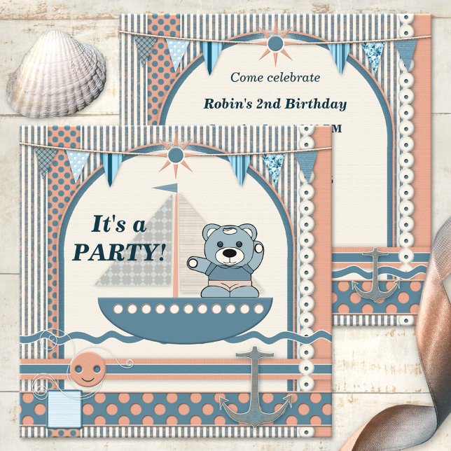 Invitación Fiesta de Nacimientos Náuticos Scrapbook Sailboat (A cute sailboat or nautical invitation for a child or toddler's birthday party in a scrapbook style)