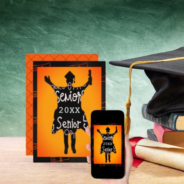 Invitación Fiesta de Naranja de Silhouette de grado superior  (Senior Graduate Silhouette Orange Party Celebrate Invitation)