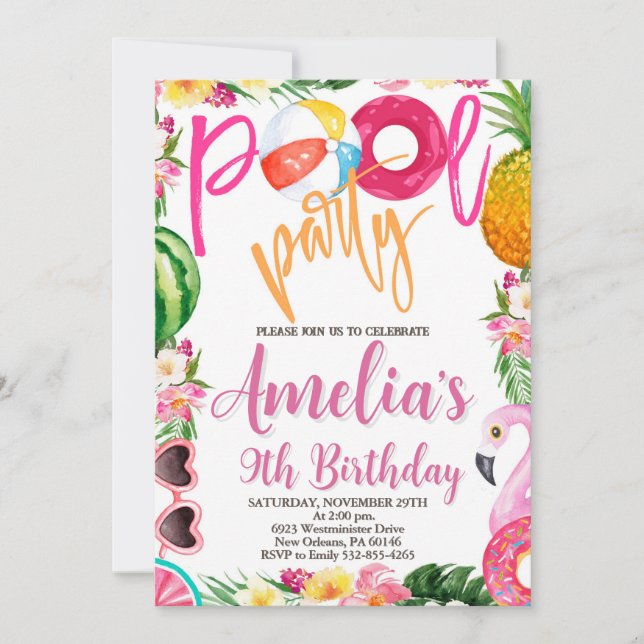 Invitación Fiesta de natación, cumpleaños Fiesta de piscina,  (Anverso)