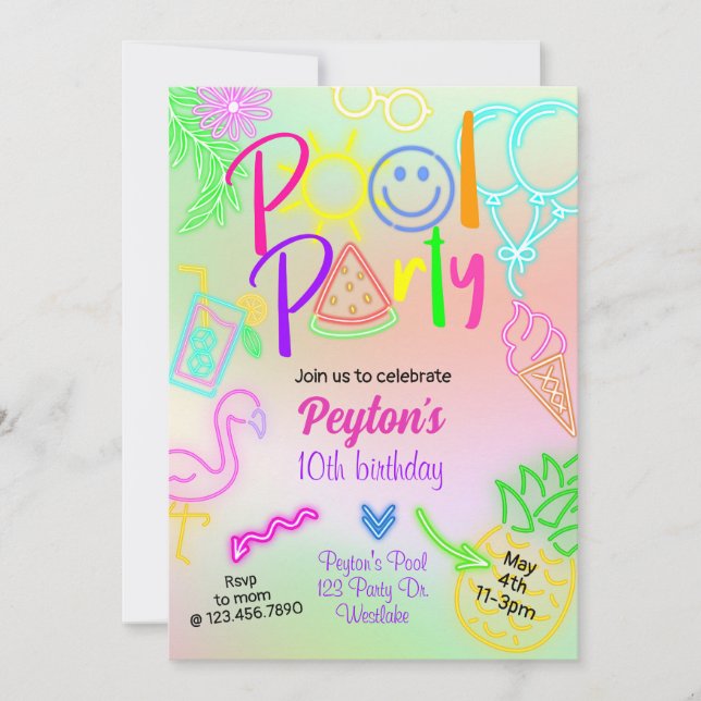 Invitación Fiesta de Natación, Fiesta de Brillo, Brillo Neon  (Anverso)