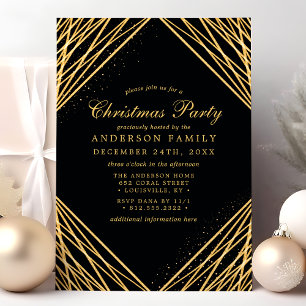Invitación Fiesta de Navidad abstracta geométrica negra y dor
