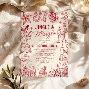 Invitación Fiesta de Navidad acogedora con Doodle Rojo