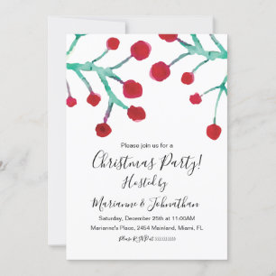 Invitación Fiesta de Navidad Acuarela Bayas Pintadas a Mano
