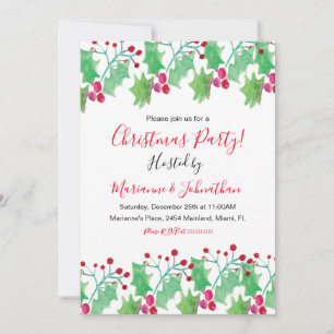 Invitación Fiesta de Navidad Acuarela Bayas Pintadas a Mano