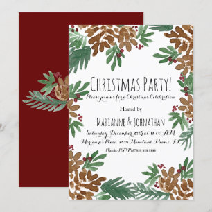Invitación Fiesta de Navidad Acuarela Piñas Verde Arte
